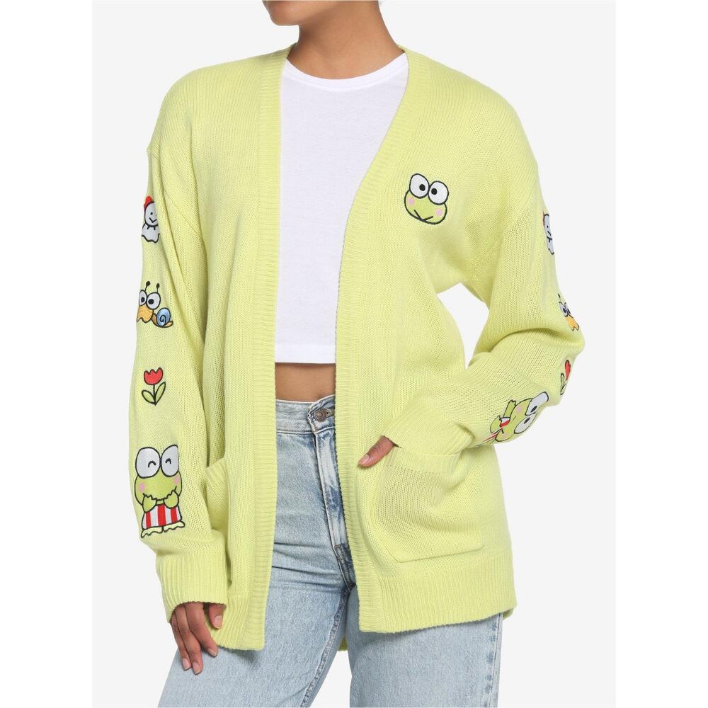 Keroppi Sanrio Women's Large Yellow Flowers Open Cardigan Embroidered Hot Topic